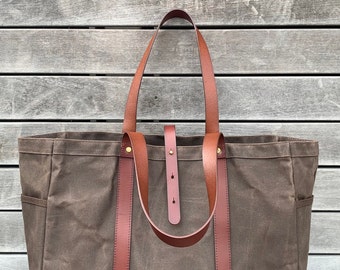 Waxed Canvas Tote Bag: Large Leather Shoulder Bag, Multiple Pockets