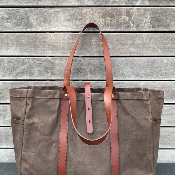 Women's Large bag, Waxed Canvas Tote Bag, Leather Shoulder purse, Lightweight work bag, shoulder bag with multiple pockets, Travel tote bag