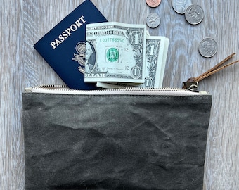 Waxed Canvas Zipper Pouch: Small Travel Wallet, Makeup Bag (H5.5”xW9”)