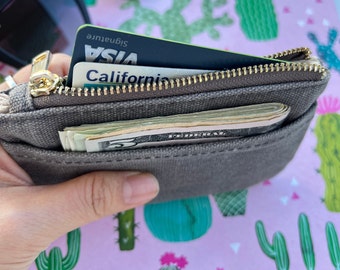 Grey Waxed Canvas Pouch: Minimalist Zipper Wallet with Keychain