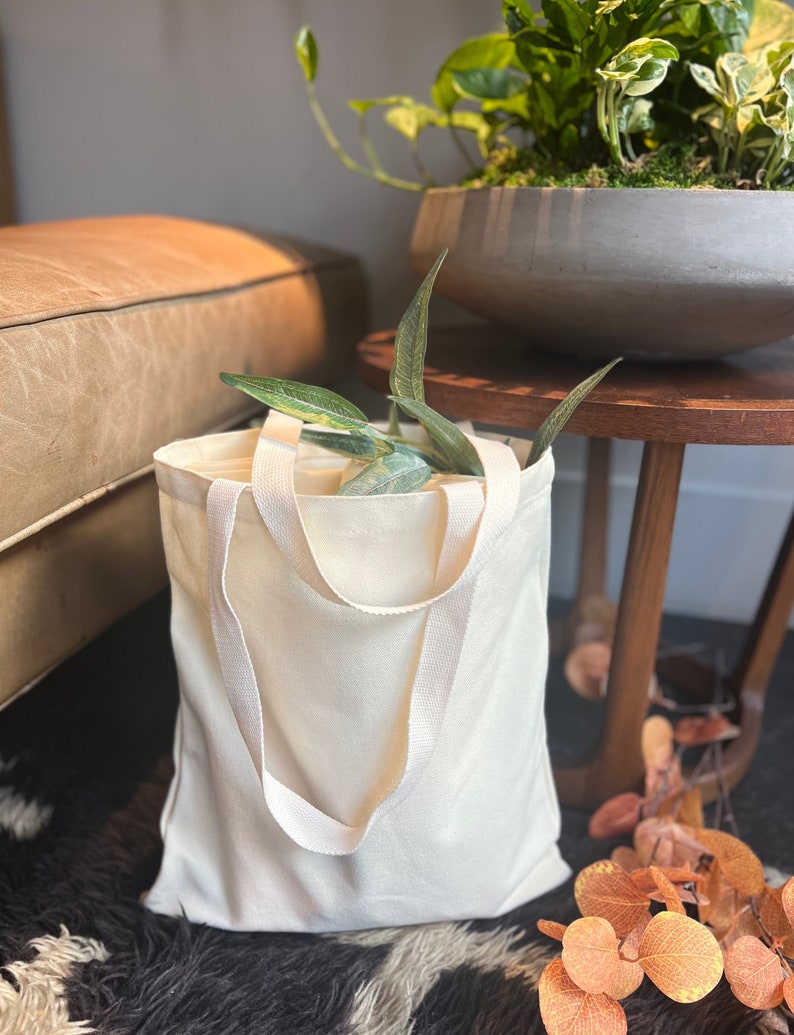 May include: A white canvas tote bag with long straps. The bag is sitting on a fuzzy rug with a potted plant and a wooden table in the background.