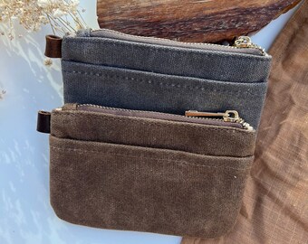 waxed canvas small pouch with zipper, pouch with keychain, zipper wallet, small wallet, minimalist pouch, coin purse, card case, tool pouch