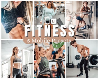 May include: A collage of five images featuring people working out in a gym. The images are edited with a warm, vintage filter. The text "FITNESS 5 Mobile Presets" is superimposed over the images.