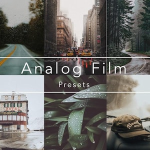 May include: A collage of images showcasing the "Analog Film" presets. The images include a rainy road, a city street, a forest path, a building with a sign that says "Hotel", a close-up of green leaves with water droplets, and a car with a baseball cap on the dashboard.