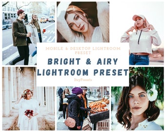 Puede incluir: Un collage de fotos que muestran un preset de Lightroom llamado "Bright & Airy Lightroom Preset" de ItsyPresets. Las fotos presentan personas en diferentes entornos, incluyendo una pareja caminando por una calle de la ciudad, una mujer con una flor en el pelo y una mujer con una sudadera rosa.