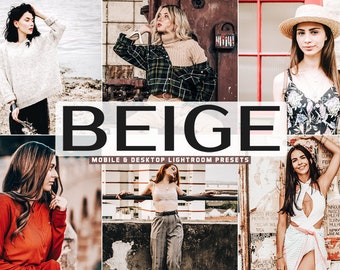 Puede incluir: Un collage con imágenes de personas con diferentes atuendos. La palabra "BEIGE" se muestra de forma destacada, junto con el texto "MOBILE & DESKTOP LIGHTROOM PRESETS". Las imágenes tienen una paleta de colores cálidos y apagados.