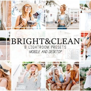 Pode incluir: Uma colagem com oito fotos de estilo de vida com o texto "BRIGHT&CLEAN 8 LIGHTROOM PRESETS MOBILE AND DESKTOP." As imagens mostram pessoas em vários ambientes externos, sugerindo um tema de fotografia.