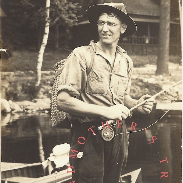 Digital Fisherman photo [Instant Download] Vintage Real Photo Postcard of Fisherman w rod and reel on dock | circa 1920's fishing photo