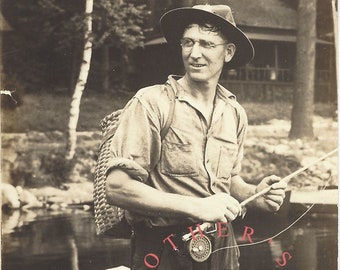Digital Fisherman photo [Instant Download] Vintage Real Photo Postcard of Fisherman w rod and reel on dock | circa 1920's fishing photo