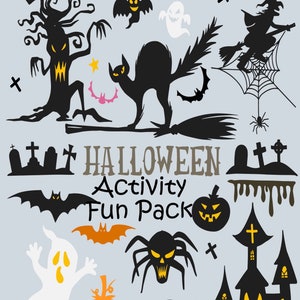 May include: A set of black and orange Halloween clip art images. The images include a witch, a ghost, a spider, a bat, a pumpkin, a haunted house, a graveyard, and a tree monster. The text "HALLOWEEN Activity Fun Pack" is included in the image.