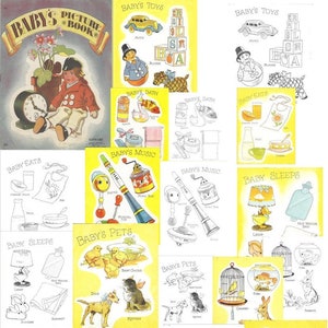 K&ouml;nnte beinhalten: Ein altes Bilderbuch f&uuml;r Kinder mit Illustrationen von Babyaktivit&auml;ten, darunter Spielen mit Spielzeug, Baden, Essen, Schlafen und Spielen im Freien. Das Buch hat einen gelben Einband mit dem Titel "Baby's Picture Book" in roten und schwarzen Buchstaben.
