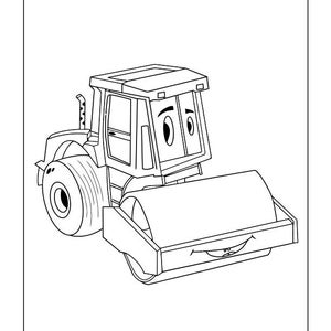Peut inclure: Un dessin au trait noir et blanc d'un rouleau compresseur de dessin anim&eacute; avec un visage souriant. Le rouleau compresseur a un grand rouleau avant et un plus petit rouleau arri&egrave;re.