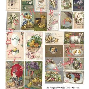 Vintage Easter Printables, 28 Easter Postcards, [Instant Digital Download] Collage Sheets, bunnies, chicks, children