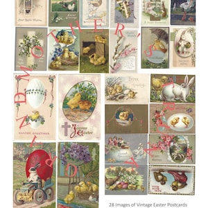 Vintage Easter Printables, 28 Easter Postcards, [Instant Digital Download] Collage Sheets, bunnies, chicks, children