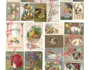 Vintage Easter Printables, 28 Easter Postcards, [Instant Digital Download] Collage Sheets, bunnies, chicks, children