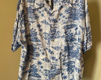 Men&#39;s XL K.A.D. vintage Hawaiian shirt, soft blue & white palm tree hut pattern, casual Luau, tropical cookout shirt, comfy 100% Rayon