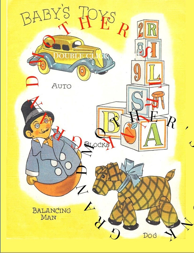K&ouml;nnte beinhalten: Eine Vintage-Illustration einer Sammlung von Babyspielzeug, darunter ein blaues Spielzeugauto, ein balancierender Mann, ein Stapel Alphabetbl&ouml;cke und ein karierter Hund. Die Illustration befindet sich auf einem gelben Hintergrund mit dem Text "BABY'S TOYS" oben.