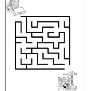 Peut inclure: Dessin au trait noir et blanc d'un labyrinthe avec un v&eacute;hicule de chantier au d&eacute;part et une grue de chantier &agrave; l'arriv&eacute;e.