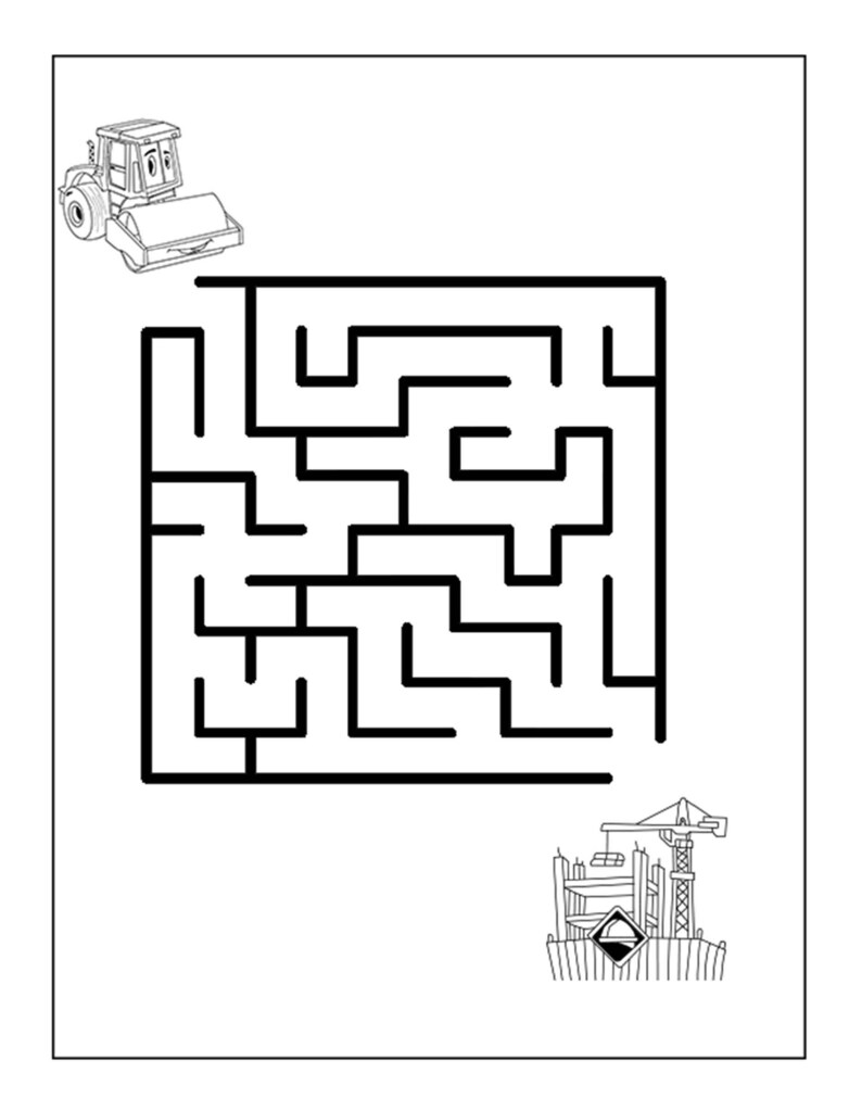 Peut inclure: Dessin au trait noir et blanc d'un labyrinthe avec un v&eacute;hicule de chantier au d&eacute;part et une grue de chantier &agrave; l'arriv&eacute;e.