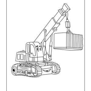 Peut inclure: Un dessin au trait noir et blanc d'une grue de chantier en dessin anim&eacute; soulevant un conteneur. La grue a un visage souriant et est sur des chenilles.