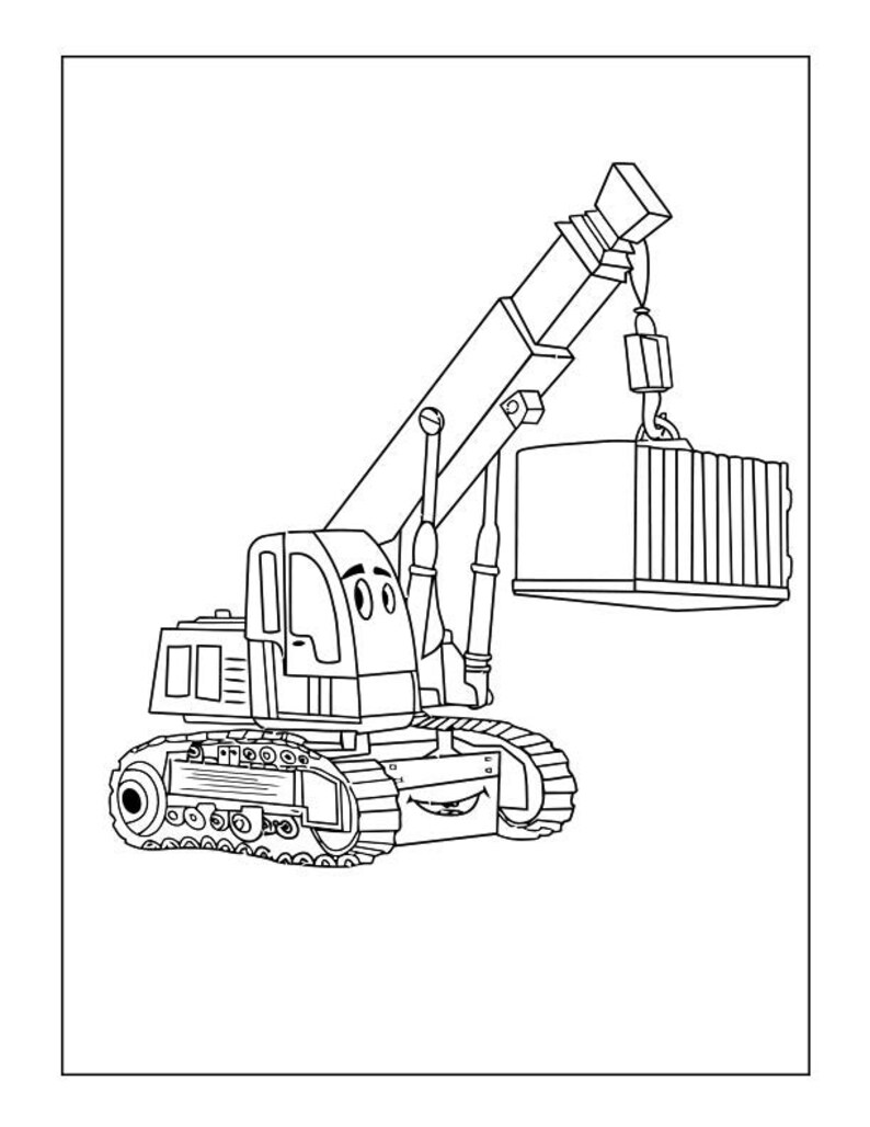 Peut inclure: Un dessin au trait noir et blanc d'une grue de chantier en dessin anim&eacute; soulevant un conteneur. La grue a un visage souriant et est sur des chenilles.