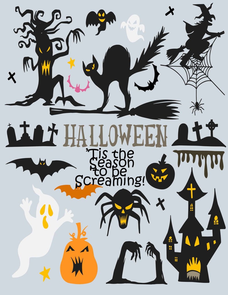 May include: A collection of Halloween themed illustrations, including a spooky tree, a black cat, a witch on a broomstick, a spider web, a ghost, a pumpkin, a spider, a haunted house, and a graveyard. The text "Tis the season to be screaming!" is also included.