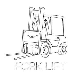 Peut inclure: Un dessin au trait noir et blanc d'un chariot &eacute;l&eacute;vateur avec un visage souriant. Le mot "FORK LIFT" est &eacute;crit sous le chariot &eacute;l&eacute;vateur en lettres pointill&eacute;es.