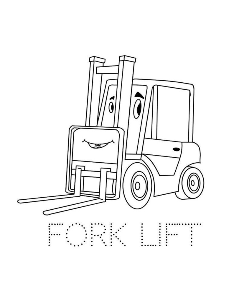 Peut inclure: Un dessin au trait noir et blanc d'un chariot &eacute;l&eacute;vateur avec un visage souriant. Le mot "FORK LIFT" est &eacute;crit sous le chariot &eacute;l&eacute;vateur en lettres pointill&eacute;es.