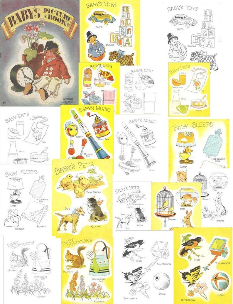 K&ouml;nnte beinhalten: Ein altes Bilderbuch f&uuml;r Kinder mit Illustrationen von Babyaktivit&auml;ten, darunter Spielen mit Spielzeug, Baden, Essen, Schlafen und Spielen im Freien. Das Buch hat einen gelben Einband mit dem Titel "Baby's Picture Book" in roten und schwarzen Buchstaben.