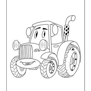 Peut inclure: Un dessin au trait noir et blanc d'un tracteur de dessin anim&eacute; avec un visage souriant. Le tracteur a de grandes roues et un seul tuyau d'&eacute;chappement.