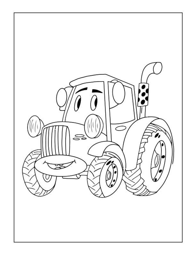 Peut inclure: Un dessin au trait noir et blanc d'un tracteur de dessin anim&eacute; avec un visage souriant. Le tracteur a de grandes roues et un seul tuyau d'&eacute;chappement.