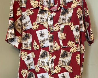Men&#39;s XL 100% Cotton Hawaiian Shirt, wrinkle free, palm leaves postcard,  tropical casual wear for luau cookouts, untucked comfortable shirt
