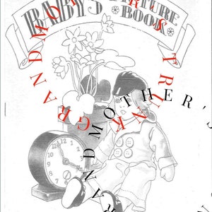 K&ouml;nnte beinhalten: Eine Schwarzwei&szlig;illustration eines Kindes, das neben einer Uhr sitzt. Das Kind tr&auml;gt einen Hut und ein Hemd mit Kn&ouml;pfen. Die Illustration stammt aus einem alten Kinderbuch mit dem Titel "Baby's Picture Book".