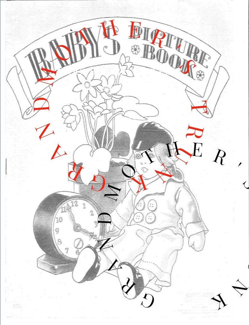 K&ouml;nnte beinhalten: Eine Schwarzwei&szlig;illustration eines Kindes, das neben einer Uhr sitzt. Das Kind tr&auml;gt einen Hut und ein Hemd mit Kn&ouml;pfen. Die Illustration stammt aus einem alten Kinderbuch mit dem Titel "Baby's Picture Book".