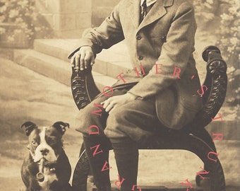 Vintage real photo postcard of boy with dog & pipe [Instant Digital Download] | Williams Studio Haverhill, MA | novelty vintage postcard