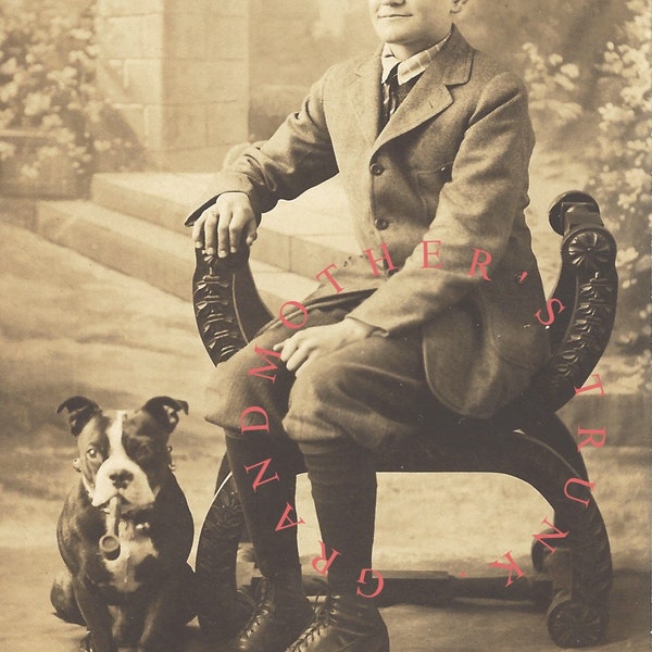Vintage real photo postcard of boy with dog & pipe [Instant Digital Download] | Williams Studio Haverhill, MA | novelty vintage postcard