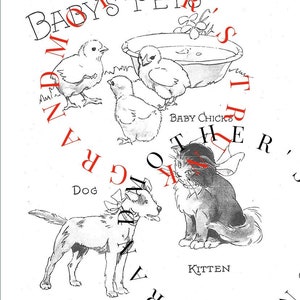 K&ouml;nnte beinhalten: Eine Schwarzwei&szlig;illustration eines Hundes, einer Katze und drei K&uuml;ken. Die Illustration ist von einem Kreis aus Buchstaben umgeben, die "Baby's Pet's Other's Grandam" buchstabieren.