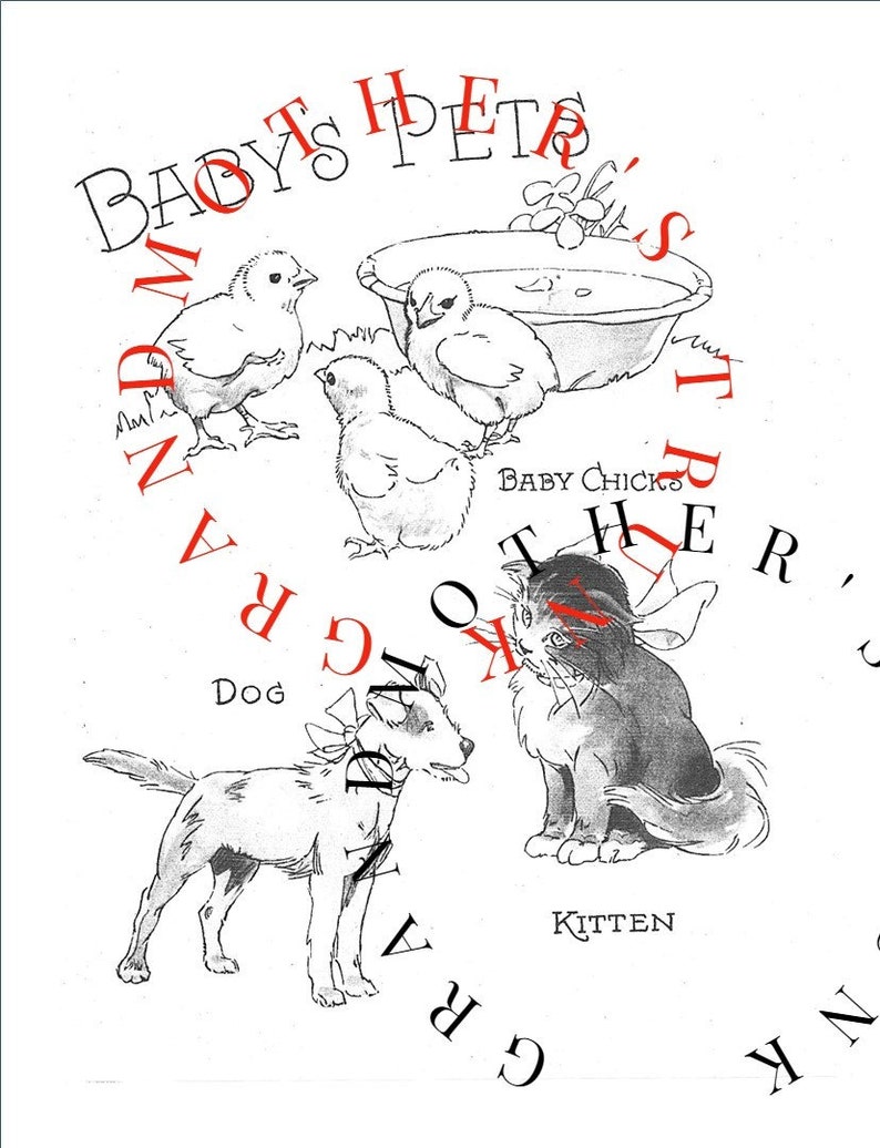 K&ouml;nnte beinhalten: Eine Schwarzwei&szlig;illustration eines Hundes, einer Katze und drei K&uuml;ken. Die Illustration ist von einem Kreis aus Buchstaben umgeben, die "Baby's Pet's Other's Grandam" buchstabieren.