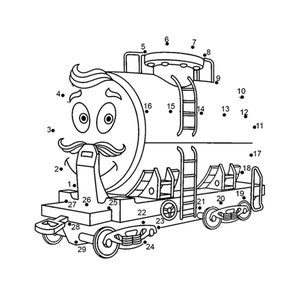 Peut inclure: Une illustration en noir et blanc de points &agrave; relier repr&eacute;sentant un train de dessin anim&eacute; avec un visage souriant. Le train a un corps rond et large avec une chemin&eacute;e et une &eacute;chelle sur le c&ocirc;t&eacute;. Le train a quatre roues et un petit wagon de queue. Les chiffres de 1 &agrave; 29 sont dispers&eacute;s autour du train, indiquant l'ordre dans lequel relier les points.