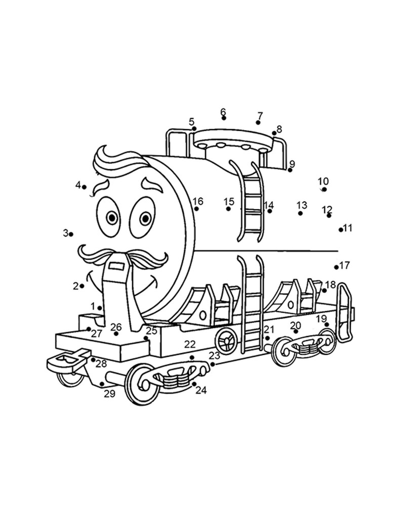Peut inclure: Une illustration en noir et blanc de points &agrave; relier repr&eacute;sentant un train de dessin anim&eacute; avec un visage souriant. Le train a un corps rond et large avec une chemin&eacute;e et une &eacute;chelle sur le c&ocirc;t&eacute;. Le train a quatre roues et un petit wagon de queue. Les chiffres de 1 &agrave; 29 sont dispers&eacute;s autour du train, indiquant l'ordre dans lequel relier les points.