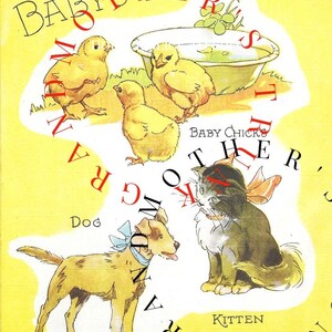 K&ouml;nnte beinhalten: Ein gelber Hintergrund mit den Worten "Baby's Pets" in roten Buchstaben. Es gibt einen Hund, ein K&auml;tzchen und drei K&uuml;ken. Die W&ouml;rter "Down, Around, Other, There" sind um das Bild herum in roten Buchstaben geschrieben.