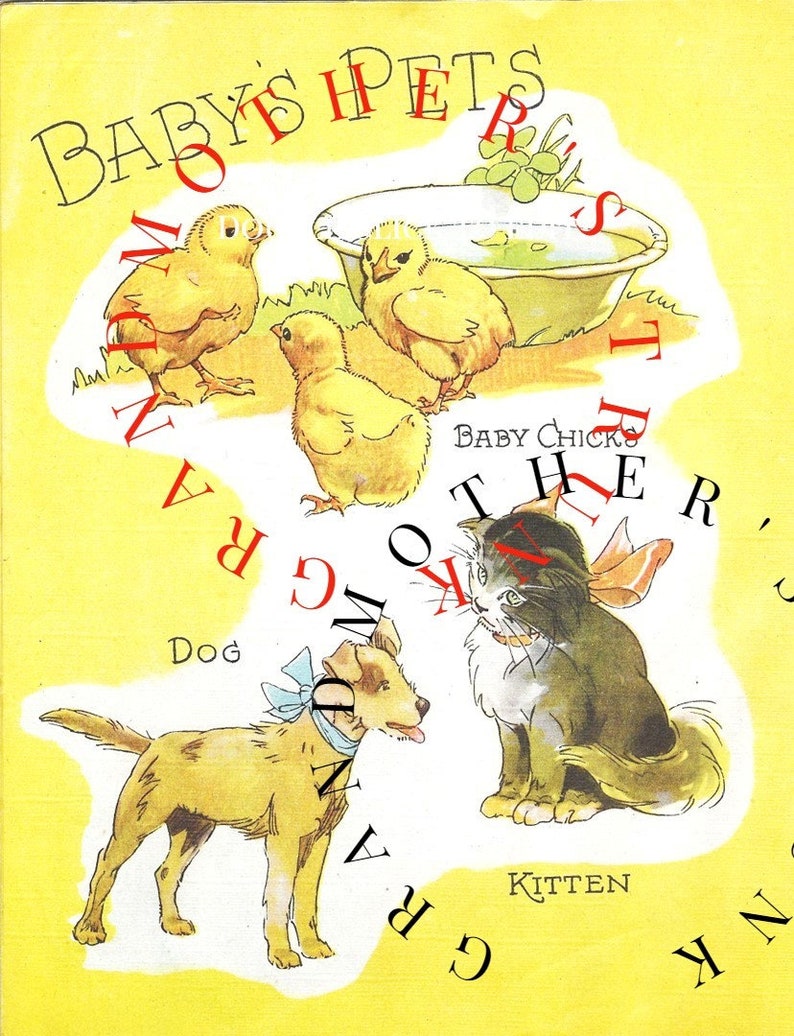 K&ouml;nnte beinhalten: Ein gelber Hintergrund mit den Worten "Baby's Pets" in roten Buchstaben. Es gibt einen Hund, ein K&auml;tzchen und drei K&uuml;ken. Die W&ouml;rter "Down, Around, Other, There" sind um das Bild herum in roten Buchstaben geschrieben.