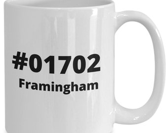 Framingham Mass. zip code mug coffee cup, South Framingham resident pride souvenir mug, 01702 zip code housewarming gift mug