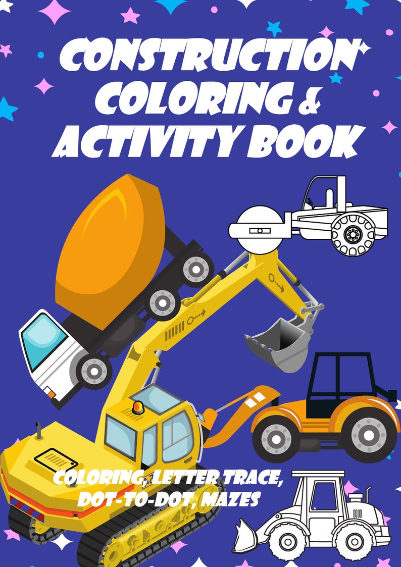 Peut inclure: Un livre de coloriage et d'activit&eacute;s mettant en sc&egrave;ne des v&eacute;hicules de chantier. La couverture montre une pelleteuse jaune avec un camion blanc, un bulldozer jaune et une b&eacute;tonni&egrave;re grise. Le livre comprend des coloriages, des trac&eacute;s de lettres, des points &agrave; relier et des labyrinthes.