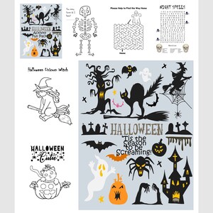 May include: A black and white printable Halloween activity pack featuring a maze, a word search, a colouring page, and a connect-the-dots activity. The pack also includes a variety of Halloween-themed images, such as pumpkins, ghosts, bats, and witches.