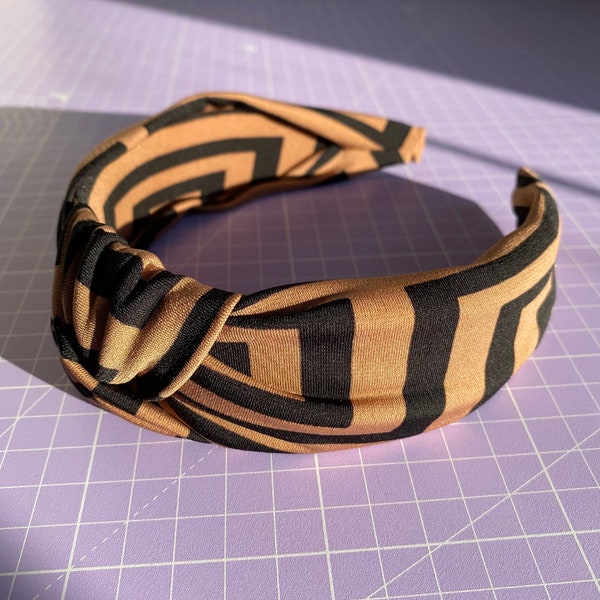 Luxury Brand Print Top Knot Headband | Knotted Alice Band Brown Pattern Black Hair Hoop | Printed Fashion Hair Accessories Hairband Headwear