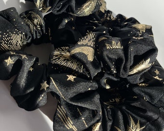 Coletero metálico dorado y negro con estampado celestial / Banda para el cabello con estampado celestial / Accesorios para el cabello con purpurina de ojo malvado cósmico de luna y estrella