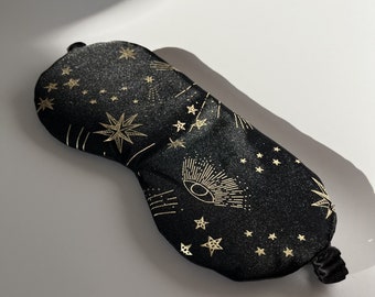 Antifaz para dormir con estampado celestial, color negro y dorado metálico / Antifaz para dormir con estampado celestial, forro 100 % seda / Ropa de dormir con brillo metálico y diseño de luna, estrella y ojo malvado