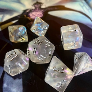 Sanctuary - 7 pc shimmering glitter dice - acrylic clear dice set with silver numbers - Dungeons and Dragons, TTRPGs