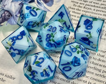 Regency: Azure- Elegant Vintage Floral Dice Set-Translucent Blue w/ Floral Inset-Cobalt Ink -RPG Dice, Dungeons & Dragons, Pathfinder